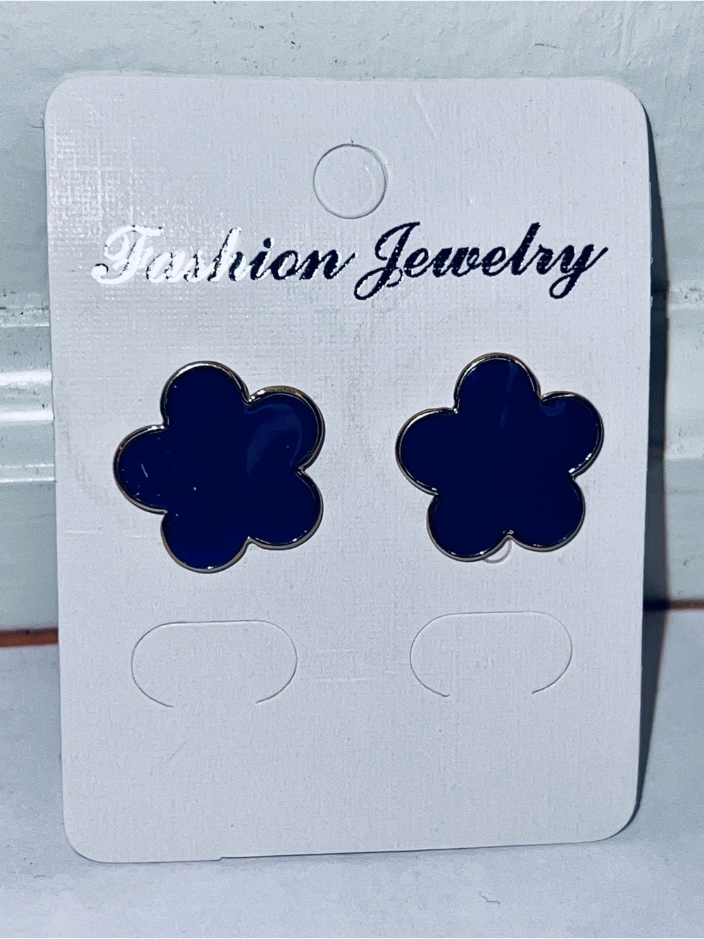 New Pierced Dark Blue Navy flower Earrings Gold Color Backs